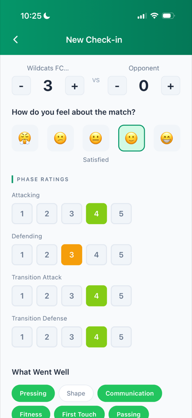 New check-in form with opponent, score, feeling, and tactical phase ratings