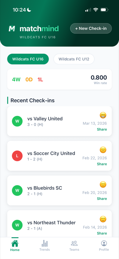 MatchMind home feed showing match check-ins with W/D/L badges and feeling emojis