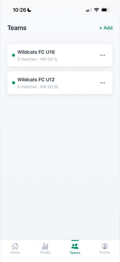 Teams list showing multiple squads with match records